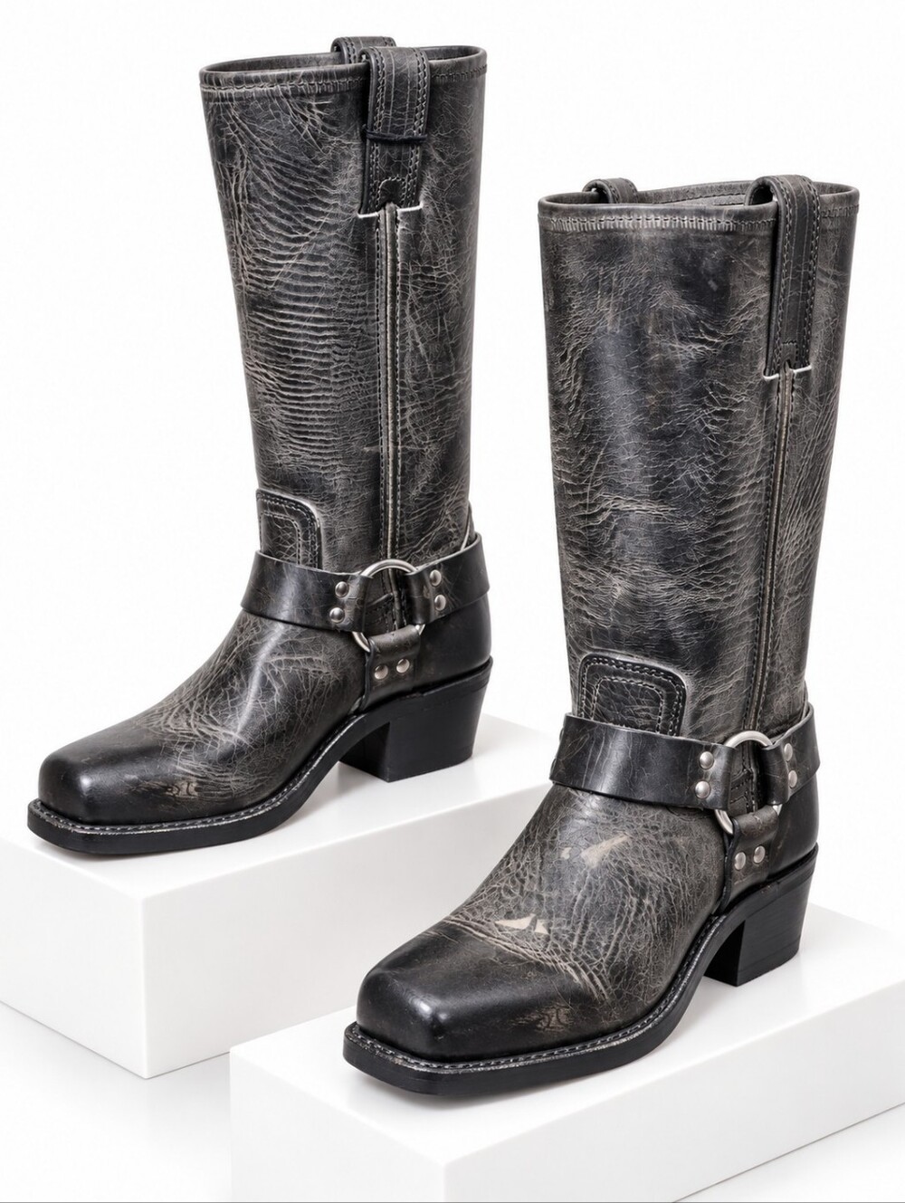 FRYE Harness Distressed Leather Moto Boots Black 5.5 NWT USA